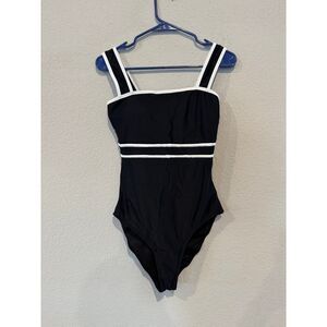 Women's Classic Wide Straps‎ One Piece Beach Swimsuit S Black White Trim NWOT